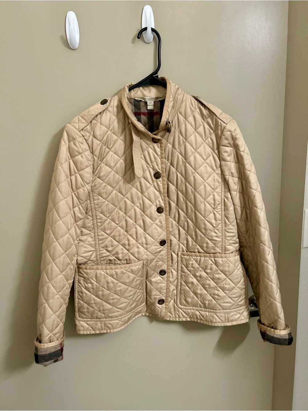 Burberry Quilted Tan Bomber Jacket with Plaid Trim